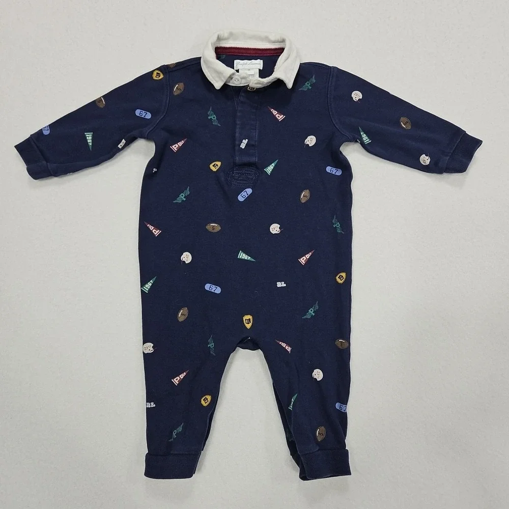 Ralph Lauren Baby Football One Piece Romper 9 Months Blue‎ Cotton Long Sleeves